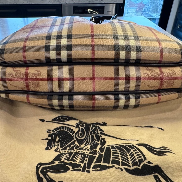 BURBERRY Chocolate Brown Leather Haymarket Check Coated Canvas Chain Strap Hobo - Picture 12 of 17